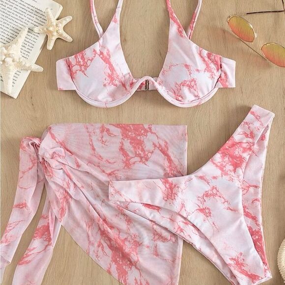 SUPER CUTE 3-PIECE BIKINI AND SARONG SET TIE DIE PINK - Picture 9 of 9